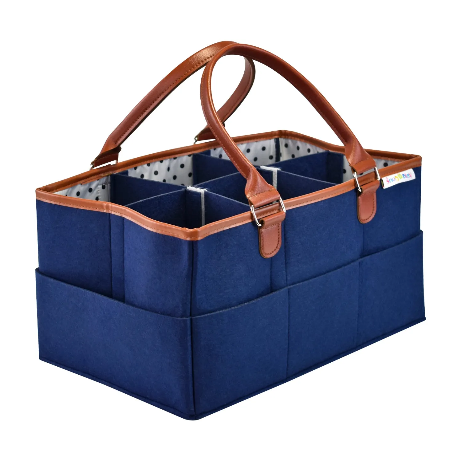 Diaper Caddy XL Size | Blue with Brown Handles | Portable Diaper Organizer Bag