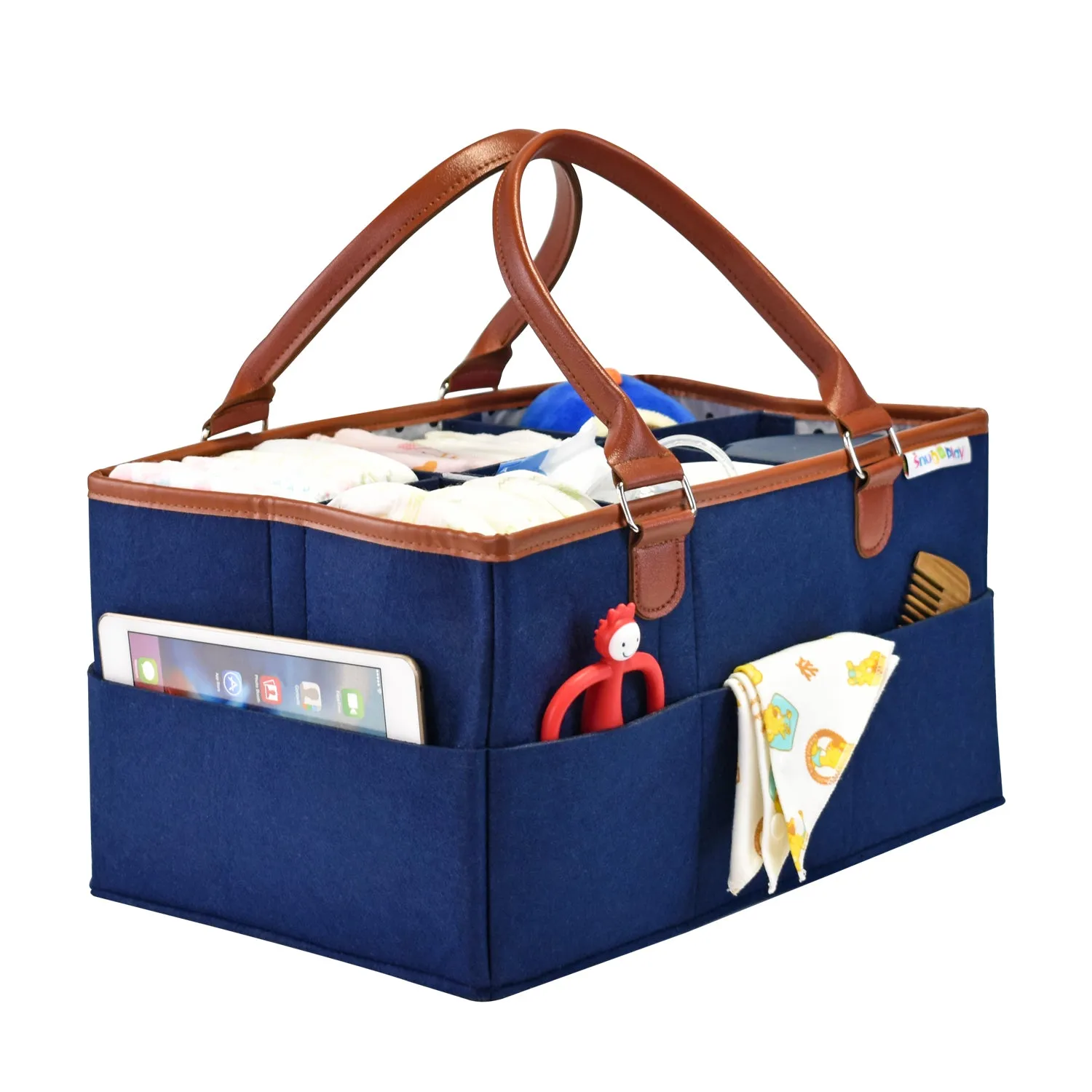 Diaper Caddy XL Size | Blue with Brown Handles | Portable Diaper Organizer Bag