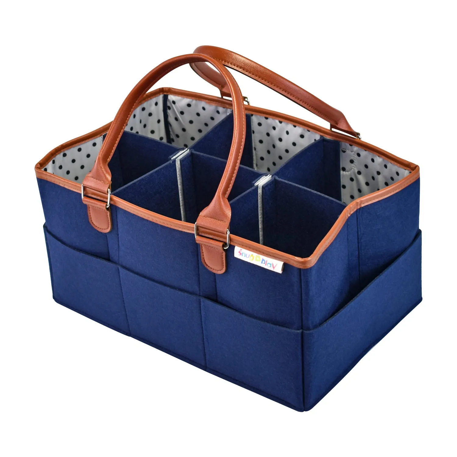 Diaper Caddy XL Size | Blue with Brown Handles | Portable Diaper Organizer Bag