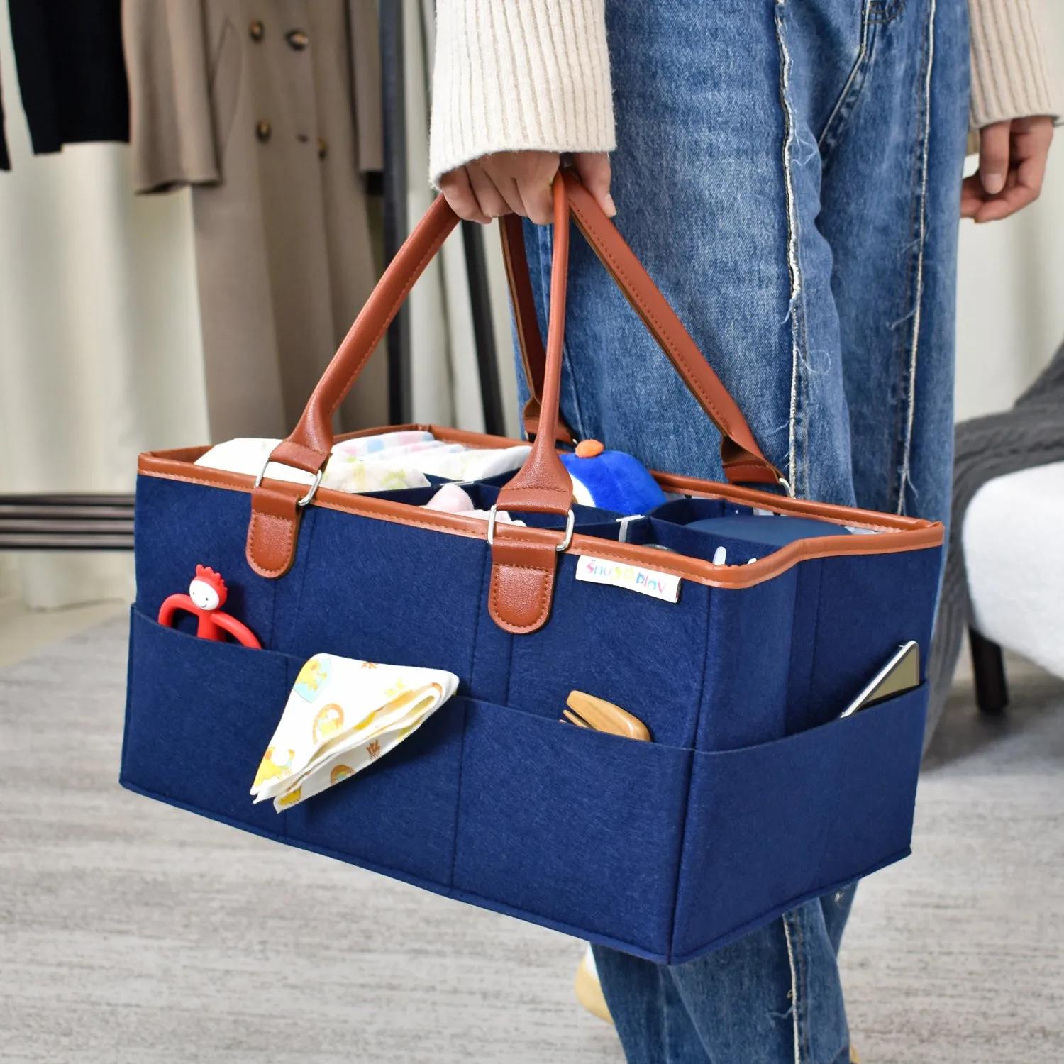 Diaper Caddy XL Size | Blue with Brown Handles | Portable Diaper Organizer Bag