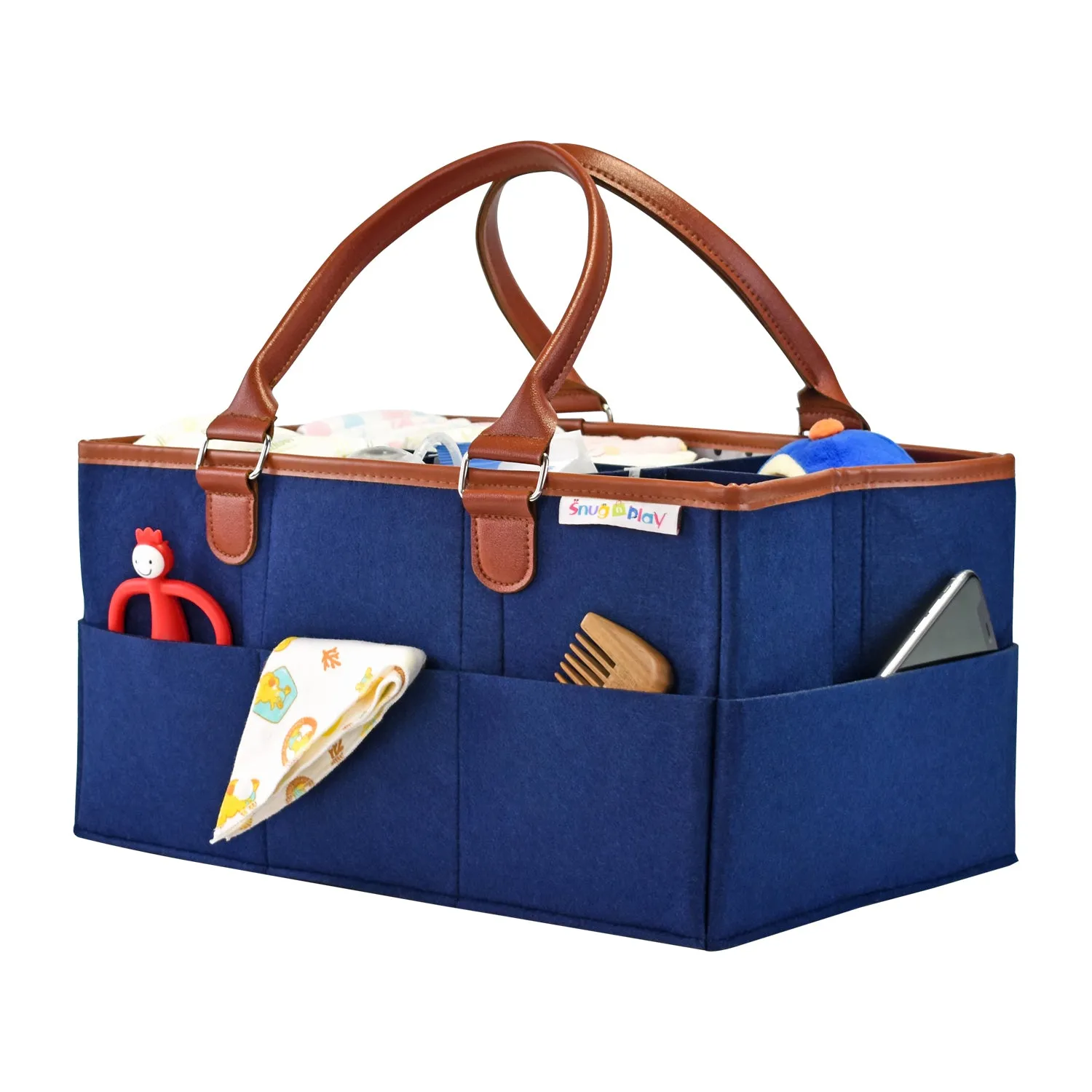 Diaper Caddy XL Size | Blue with Brown Handles | Portable Diaper Organizer Bag