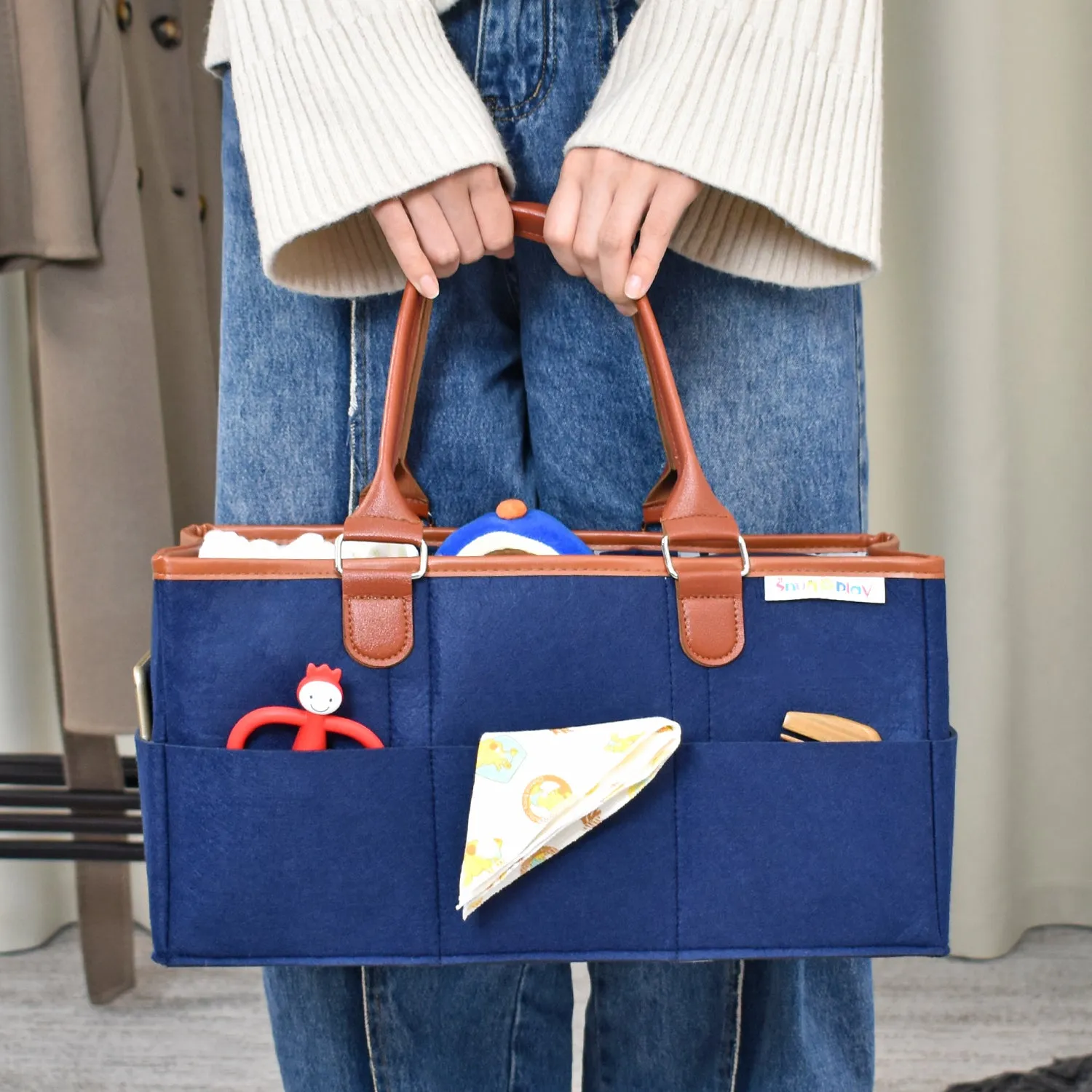 Diaper Caddy XL Size | Blue with Brown Handles | Portable Diaper Organizer Bag