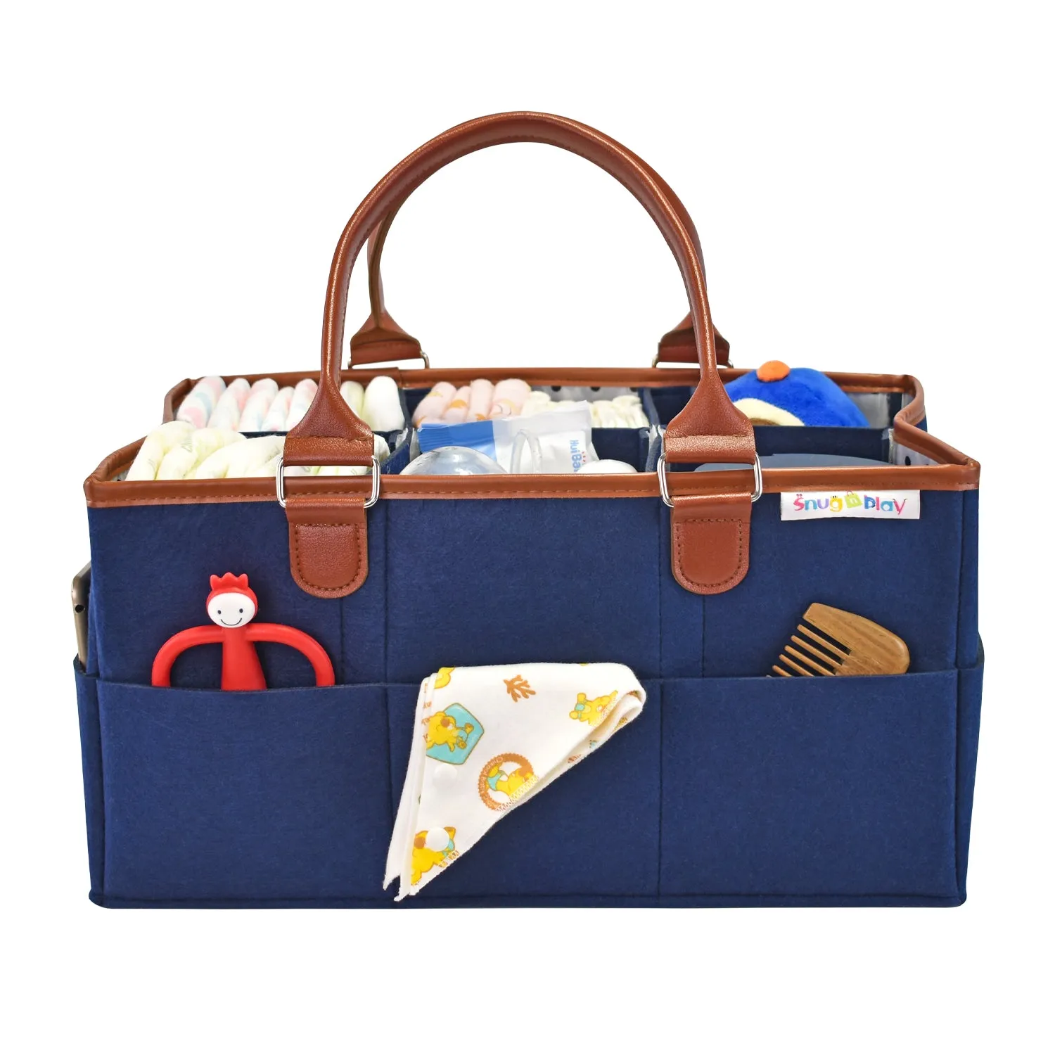 Diaper Caddy XL Size | Blue with Brown Handles | Portable Diaper Organizer Bag