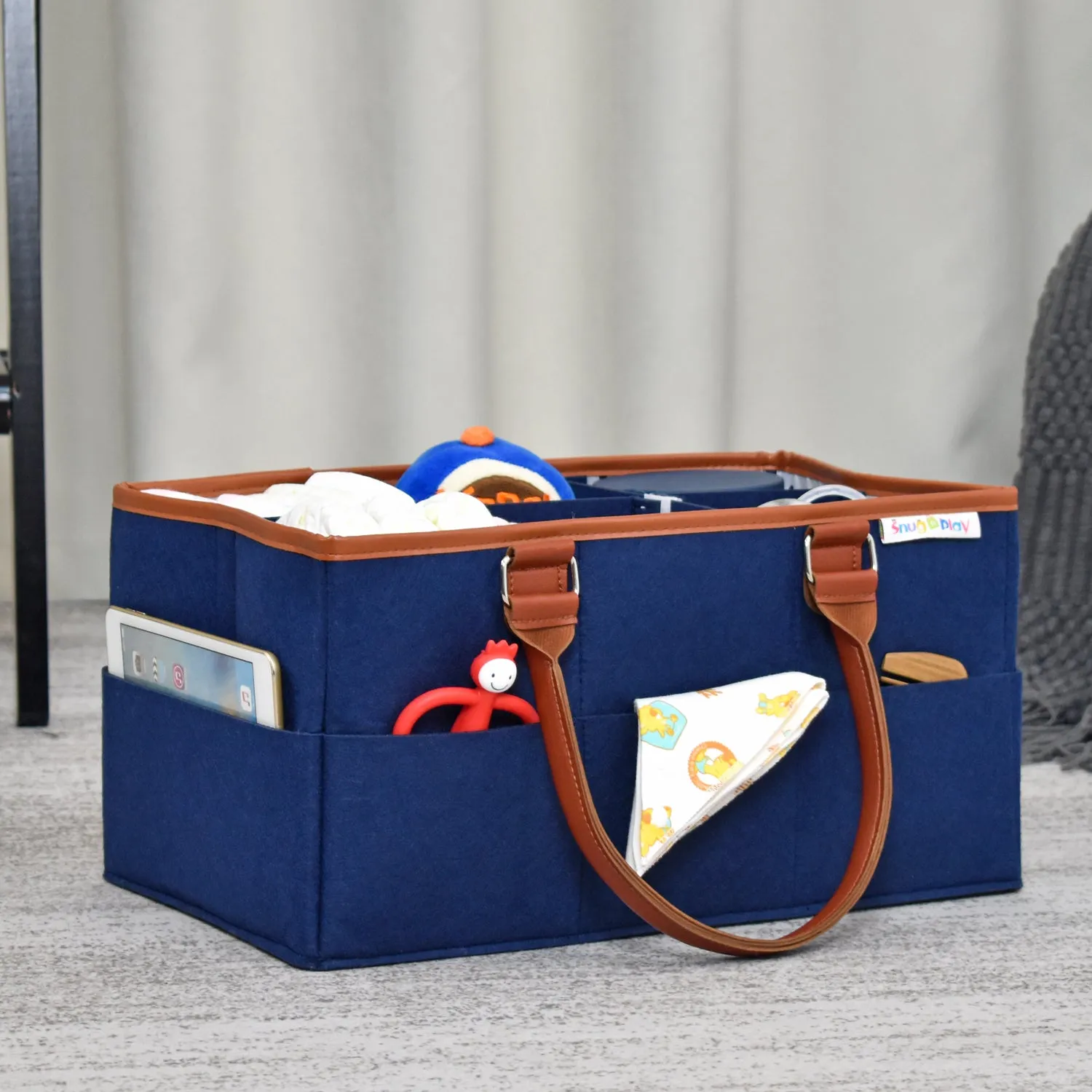 Diaper Caddy XL Size | Blue with Brown Handles | Portable Diaper Organizer Bag