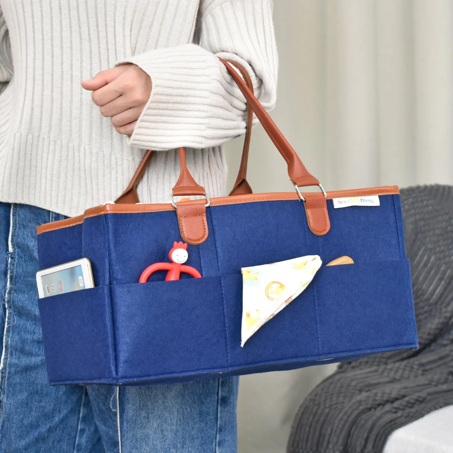 Diaper Caddy XL Size | Blue with Brown Handles | Portable Diaper Organizer Bag