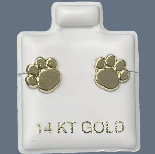 Dog Puppy Paw Print Stud Earrings 14K Solid Yellow Gold With Safety Backing