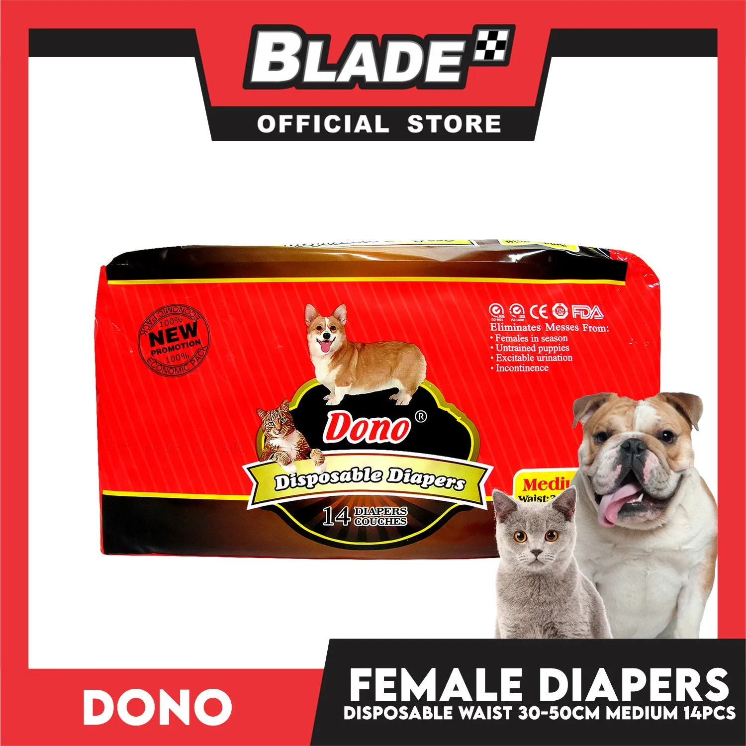 Dono Disposable Diapers Super Absorbent Medium 14 pcs For Female Dogs