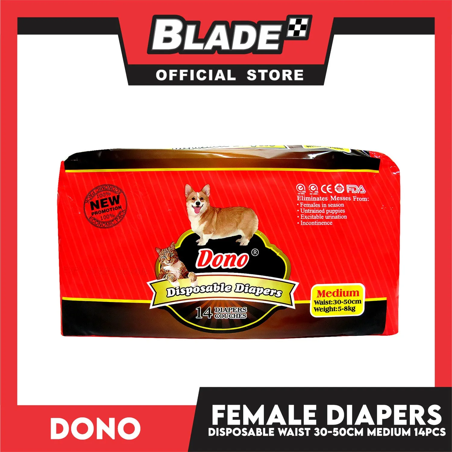 Dono Disposable Diapers Super Absorbent Medium 14 pcs For Female Dogs