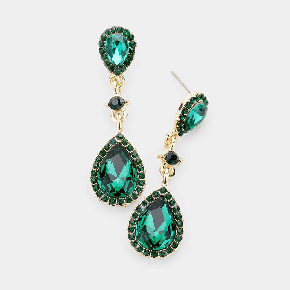 Double Emerald Teardrop Stone Dangle Pageant Earrings | Drop Earrings |  478436