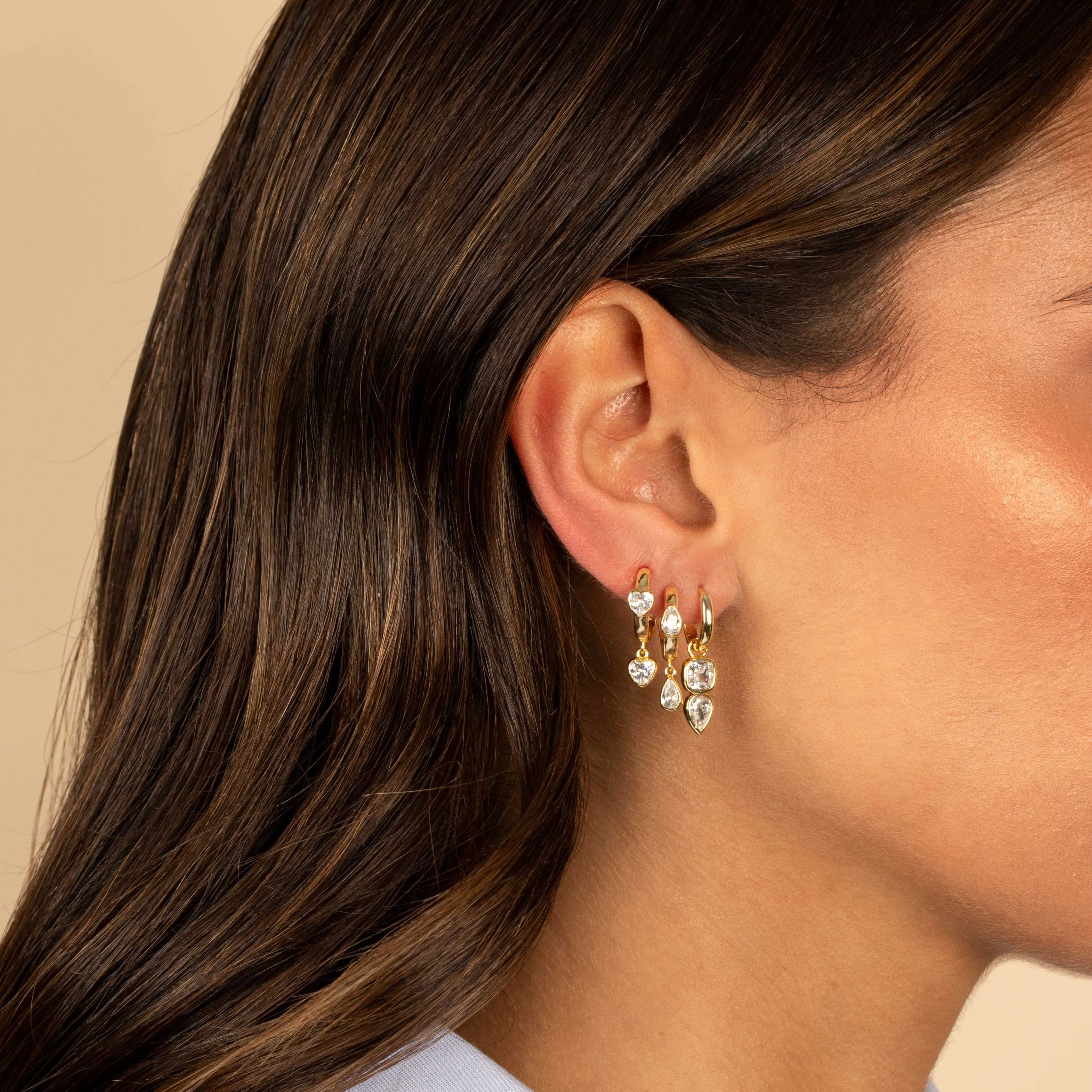 Double Heart CZ Dangle Huggie Earring