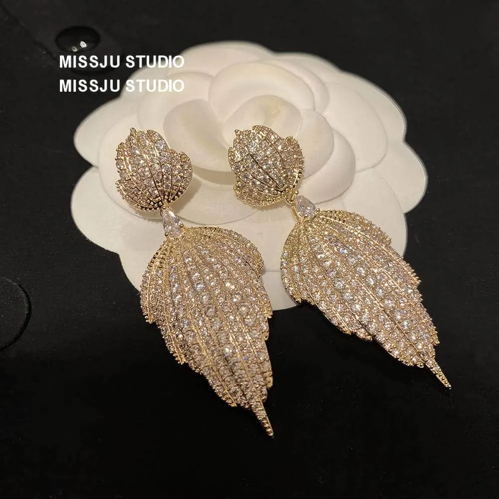 Double Leaf Paved Crystals Statement Dangle Earrings
