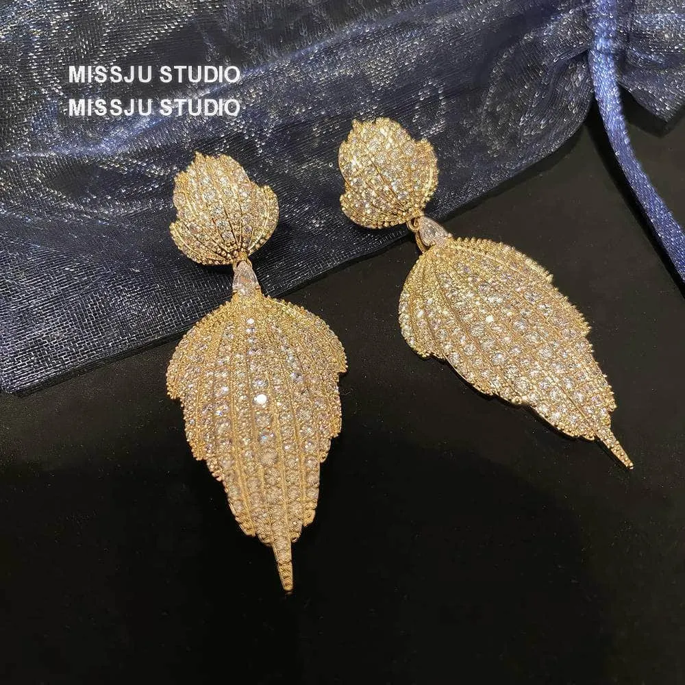 Double Leaf Paved Crystals Statement Dangle Earrings