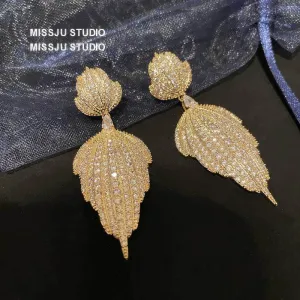 Double Leaf Paved Crystals Statement Dangle Earrings