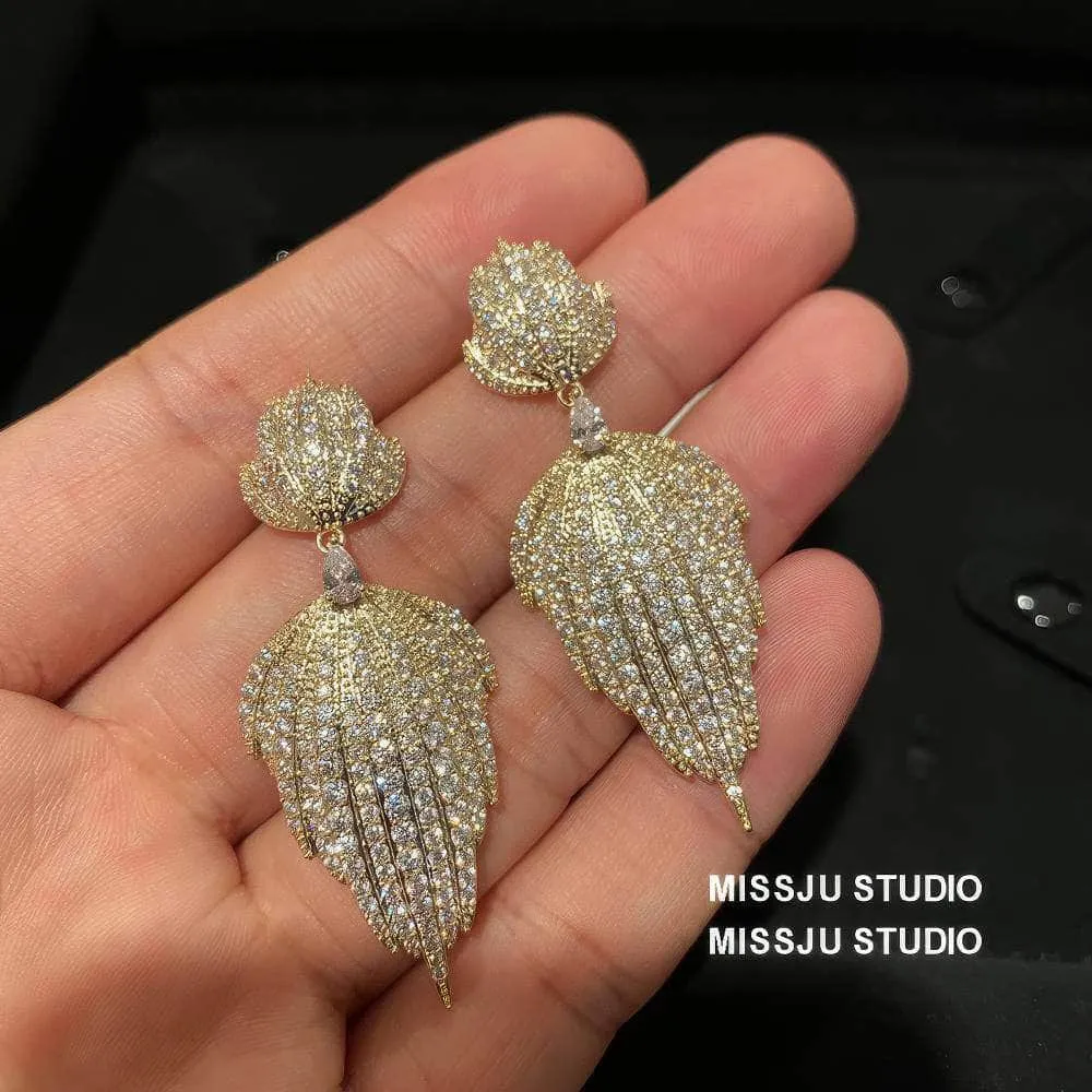 Double Leaf Paved Crystals Statement Dangle Earrings