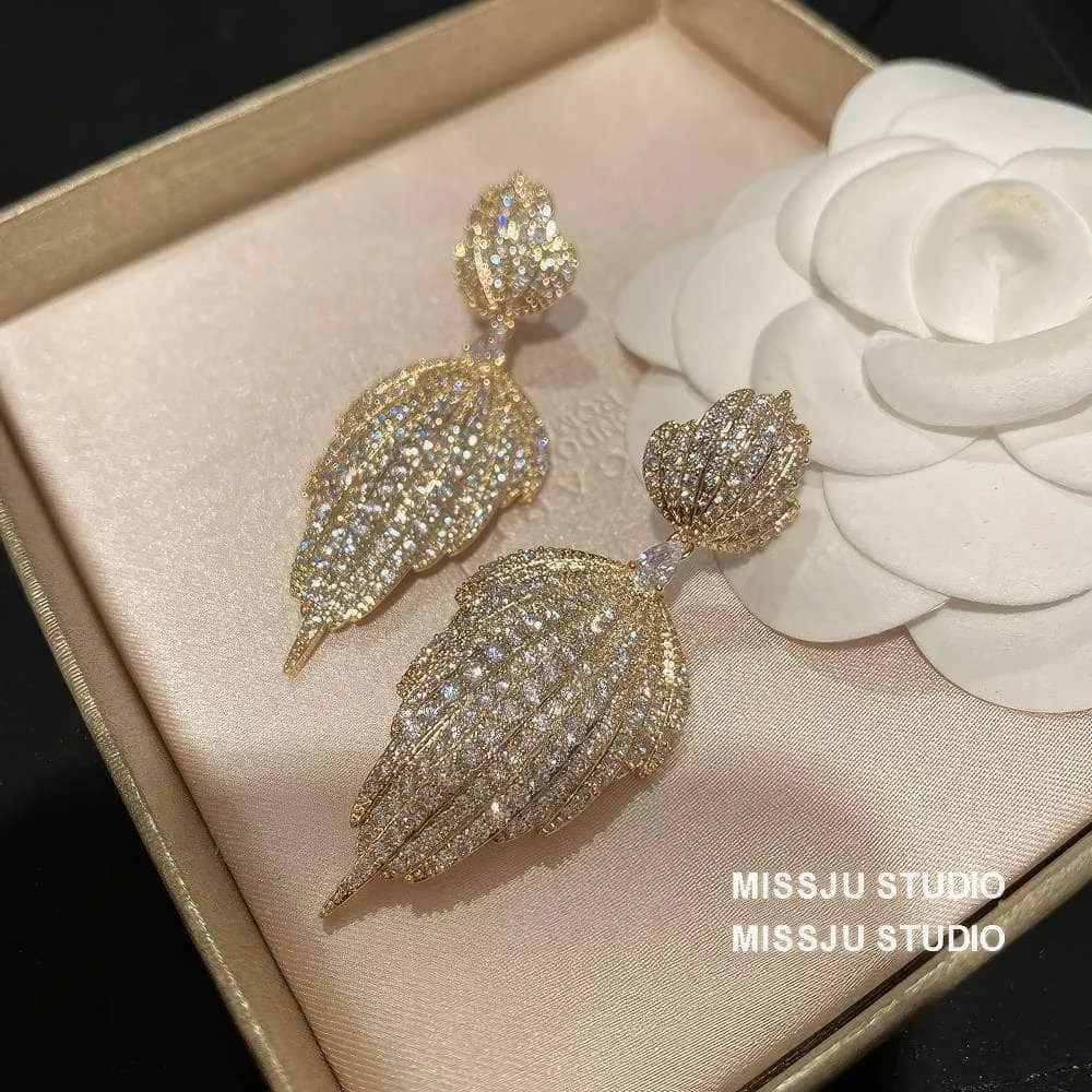 Double Leaf Paved Crystals Statement Dangle Earrings