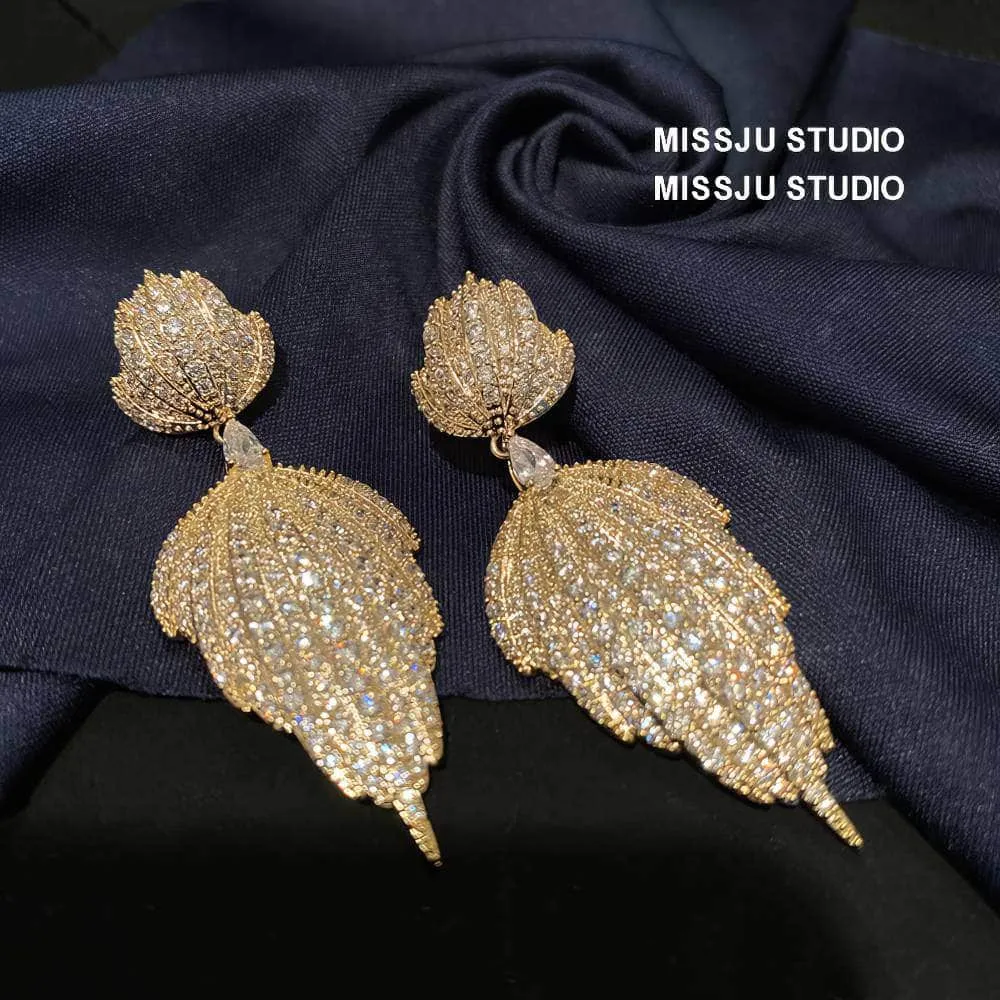 Double Leaf Paved Crystals Statement Dangle Earrings