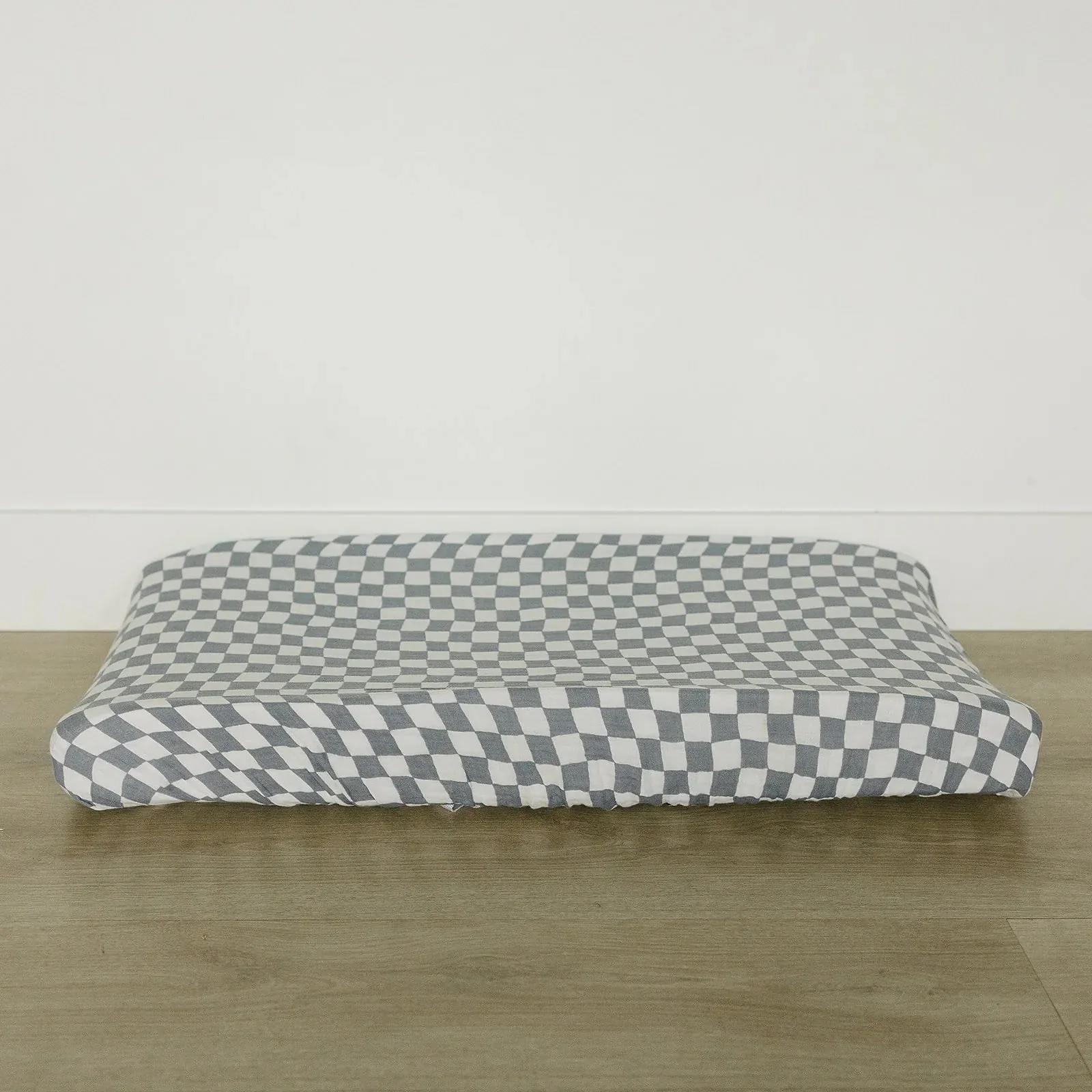 Dusty Blue Wavy Checkered Muslin Changing Pad Cover
