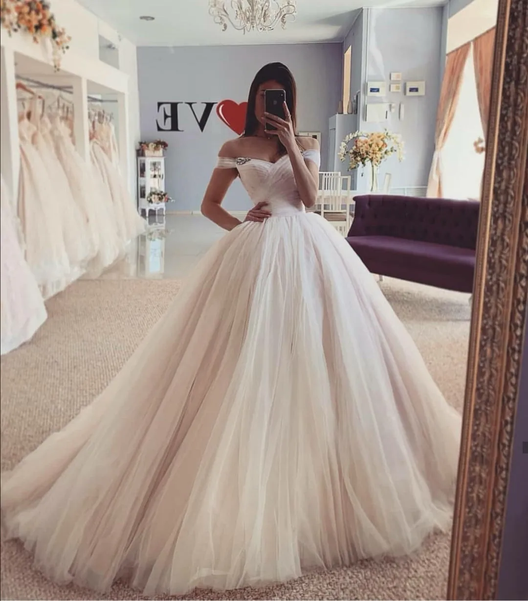 Dusty Pink Tulle Skirt Wedding Dress Off-the-shoulder