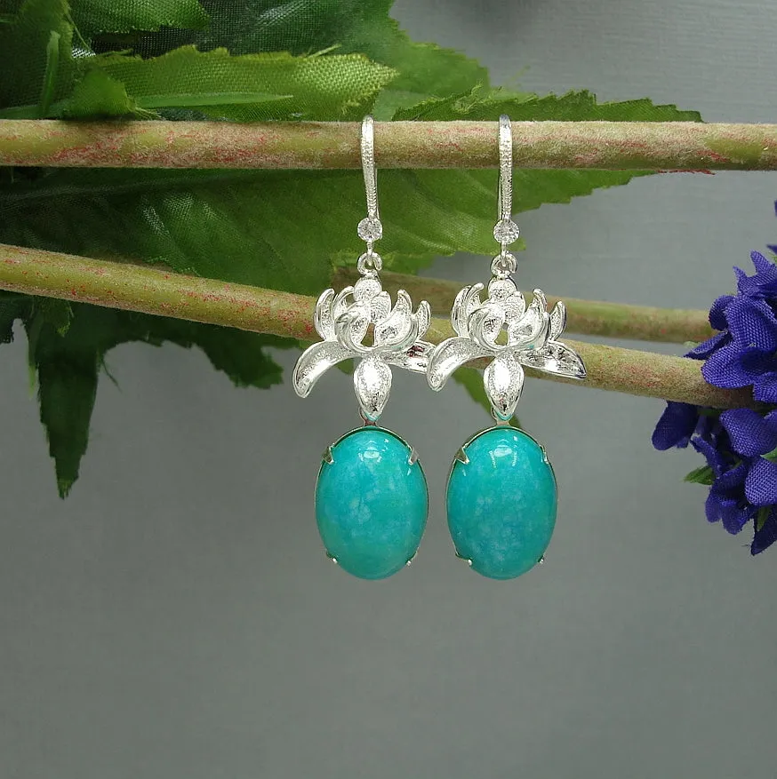 Earrings Amazonite  and Lotus Flowers with Cubic Zirconia on Ear Hook Dangle Earrings.