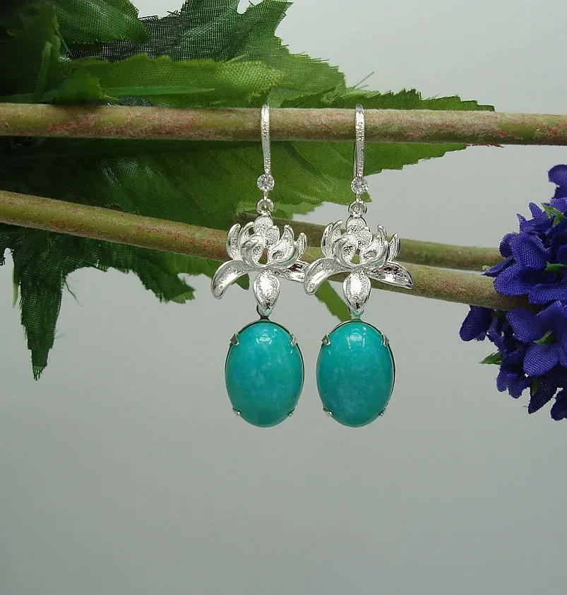 Earrings Amazonite  and Lotus Flowers with Cubic Zirconia on Ear Hook Dangle Earrings.