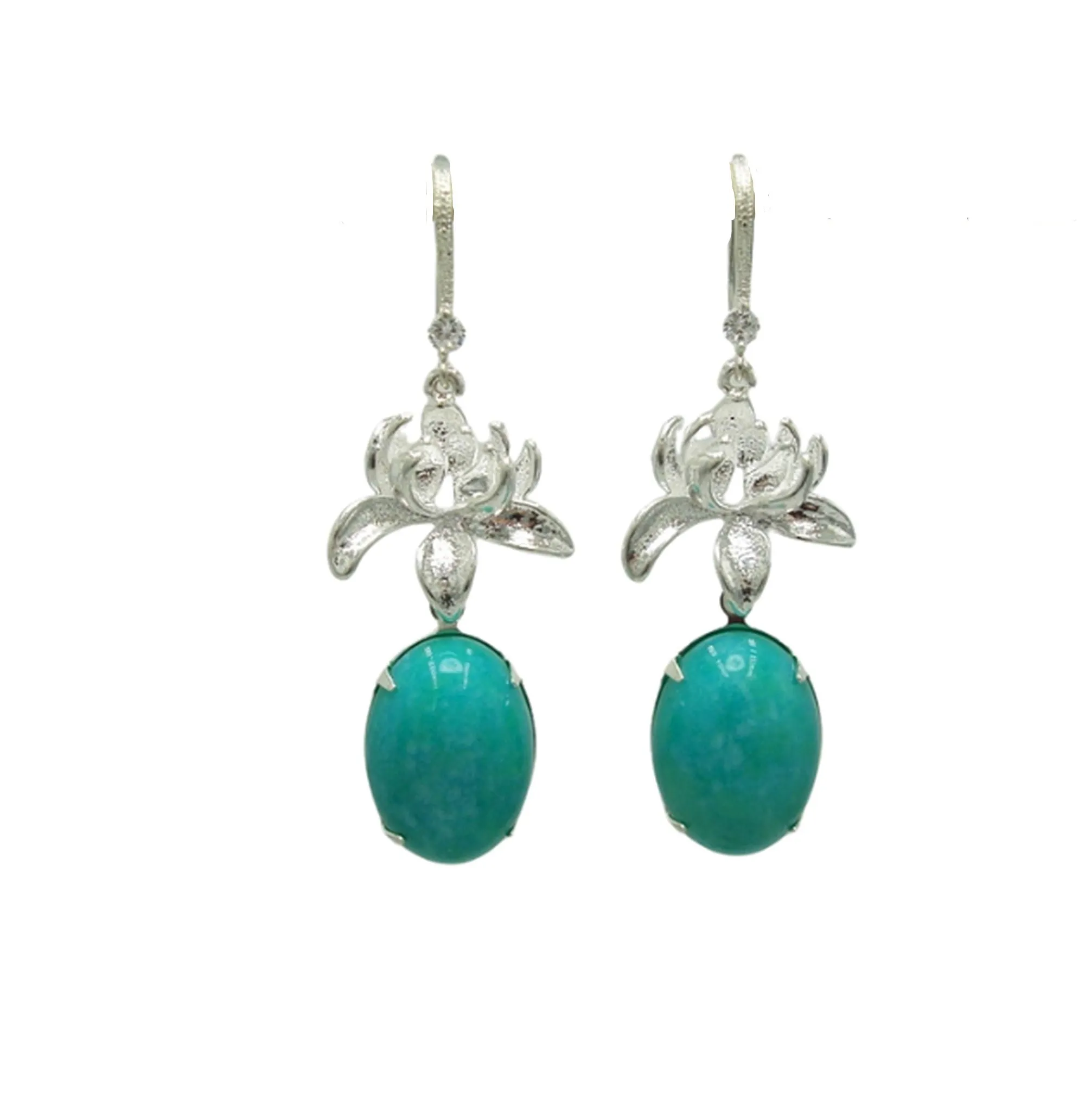 Earrings Amazonite  and Lotus Flowers with Cubic Zirconia on Ear Hook Dangle Earrings.