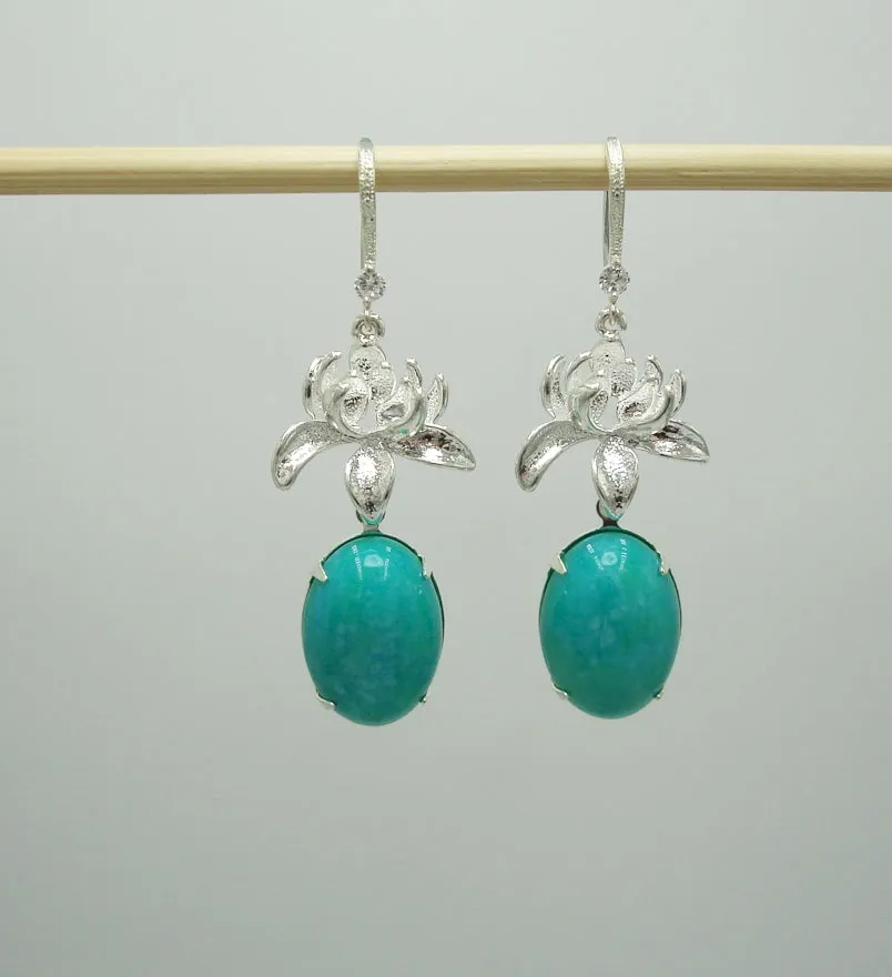 Earrings Amazonite  and Lotus Flowers with Cubic Zirconia on Ear Hook Dangle Earrings.