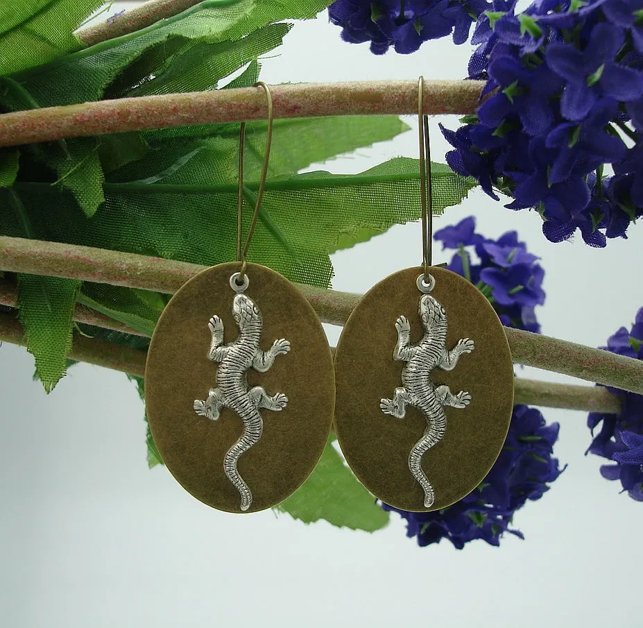 Earrings Ox Silver Lizard on Ox Brass Oval Dangle Earrings.