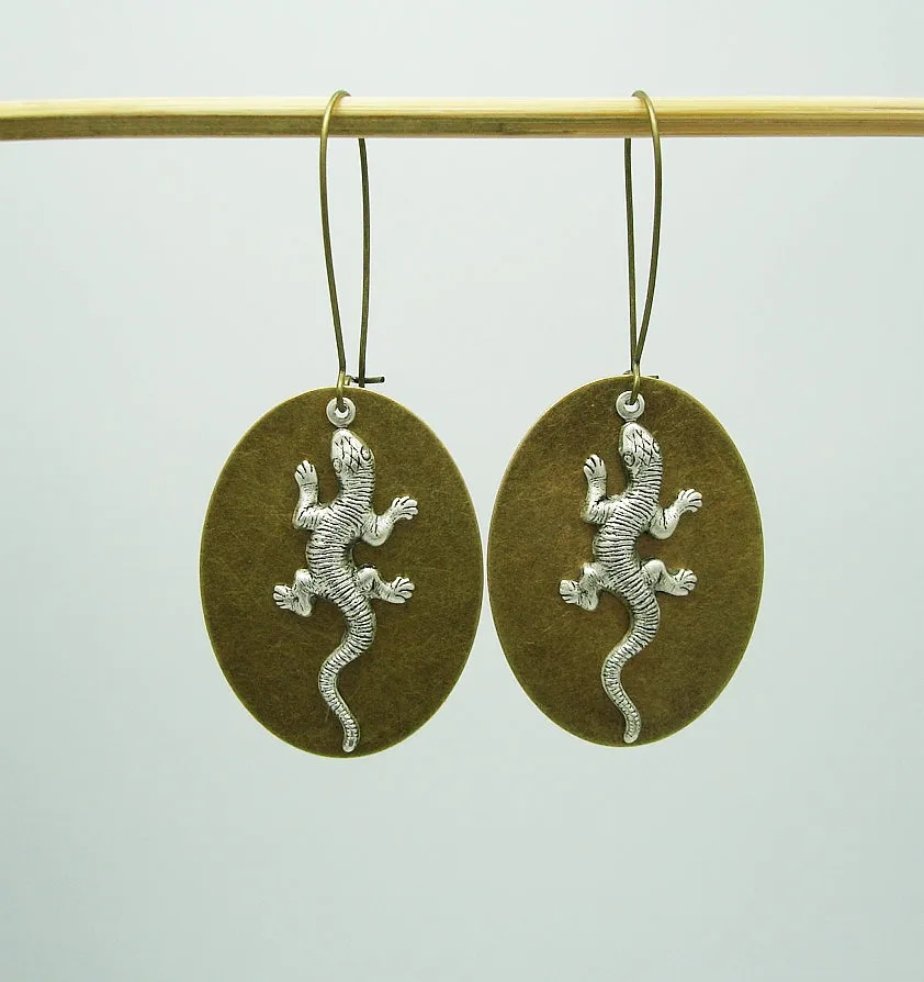 Earrings Ox Silver Lizard on Ox Brass Oval Dangle Earrings.