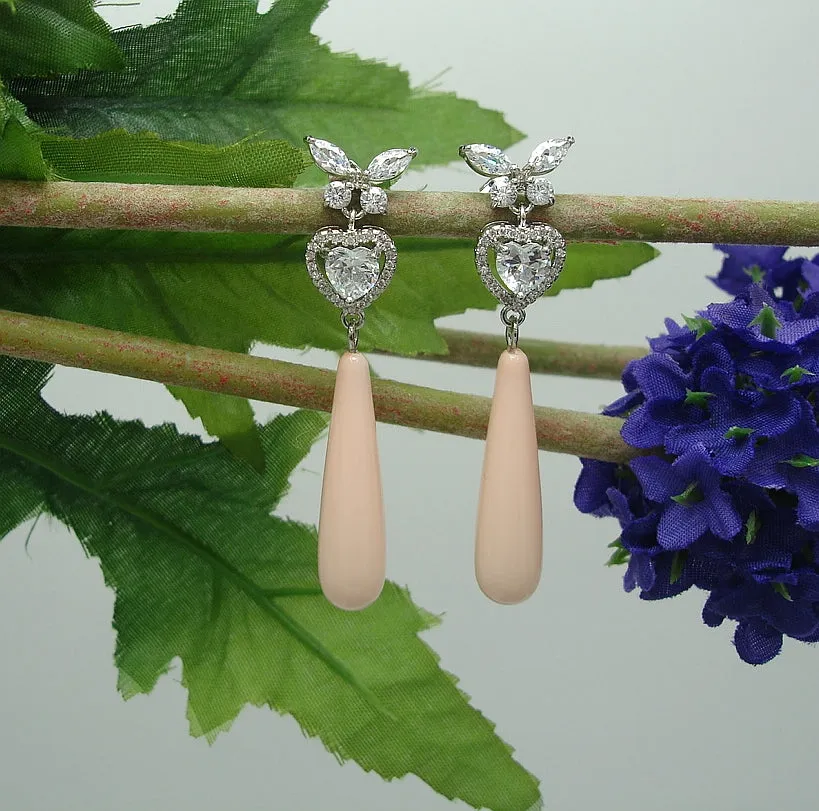 Earrings Peach Shell Pearl Teardrop with Cubic Zirconia  Dangle Earrings.