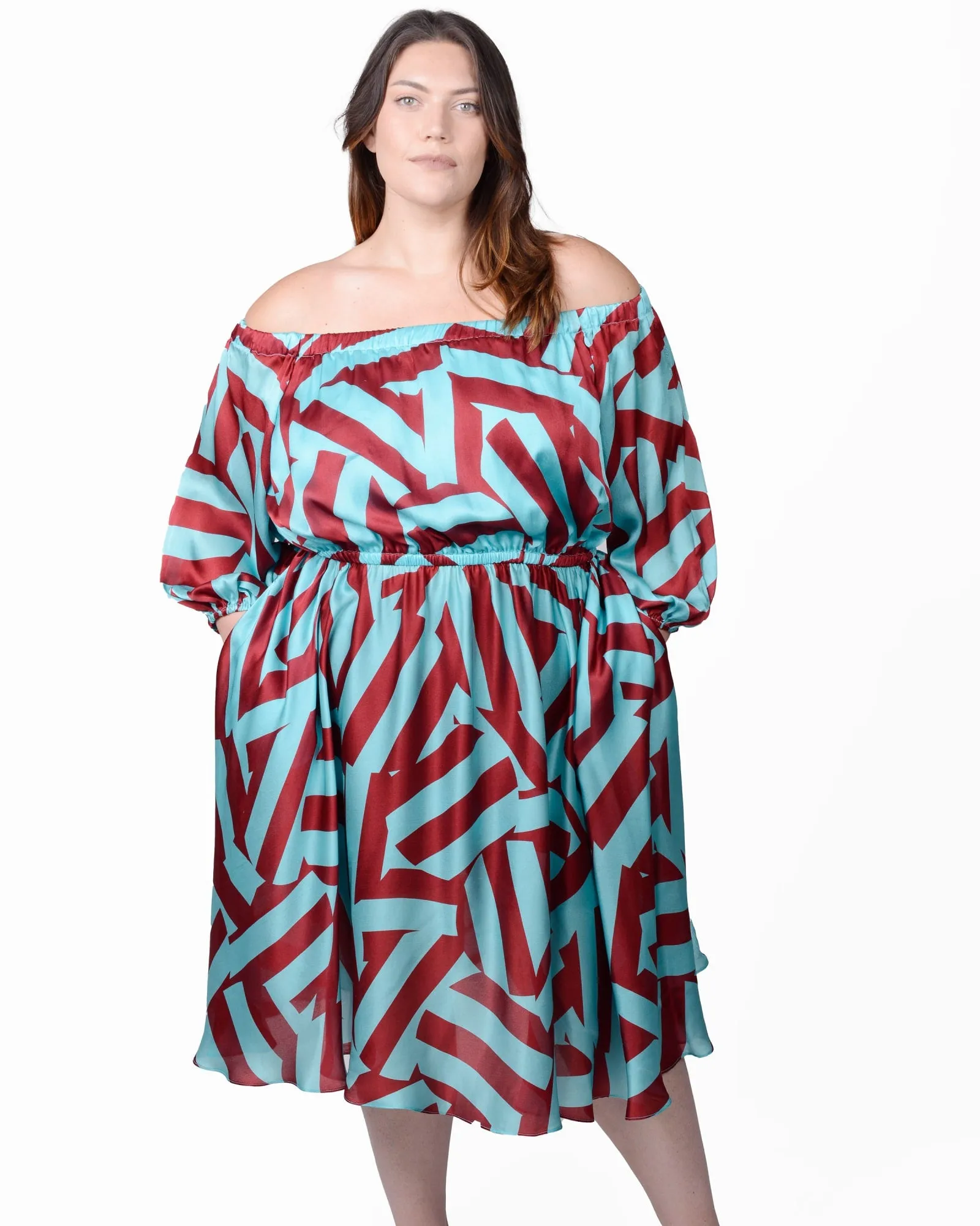 Edwina Midi Off Shoulder Dress | Circle Stripes