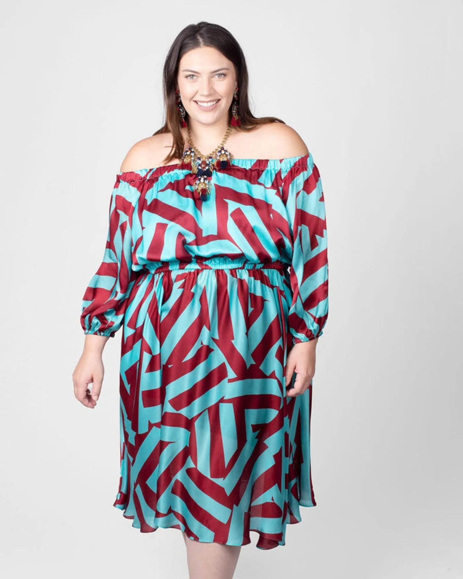 Edwina Midi Off Shoulder Dress | Circle Stripes