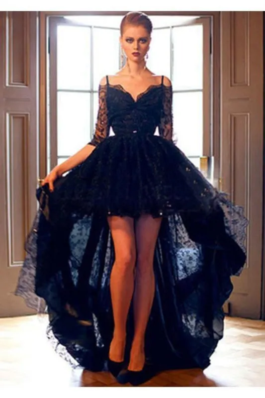 Elegant Black Lace High-low Half Sleeves Prom Evening Dress