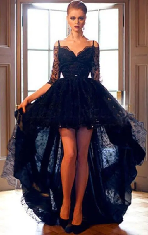 Elegant Black Lace High-low Half Sleeves Prom Evening Dress