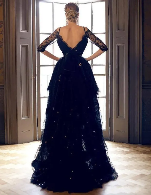 Elegant Black Lace High-low Half Sleeves Prom Evening Dress