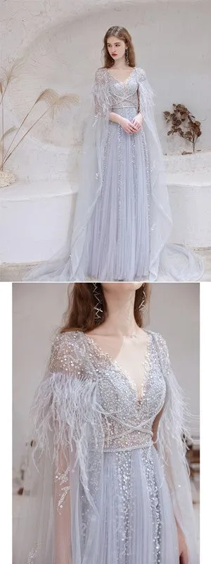 Elegant Blue A-line V-neck Long Prom Dresses Online, Evening Party Dresses,12568
