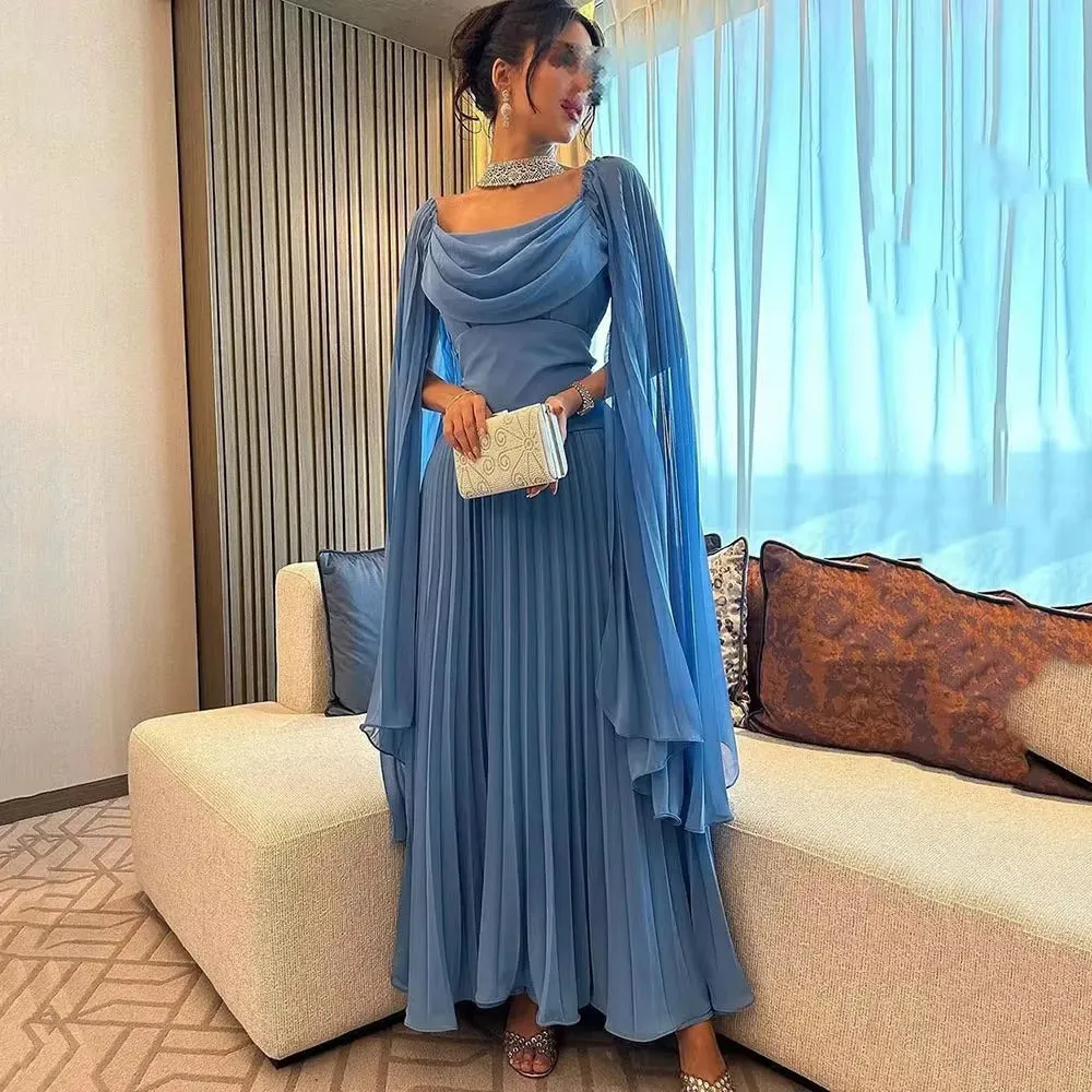 Elegant Blue Arabia Chiffon Prom Dresses Scoop Long Cape Sleeves Pleated Party Growns