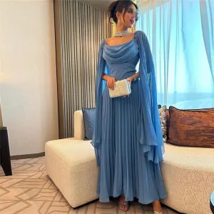 Elegant Blue Arabia Chiffon Prom Dresses Scoop Long Cape Sleeves Pleated Party Growns
