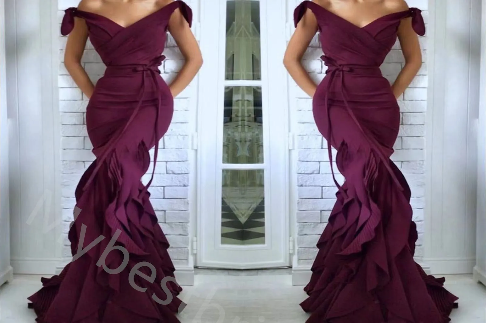 Elegant V-neck Ruffle Sleeveless Mermaid Long Prom Dress,PDS1132