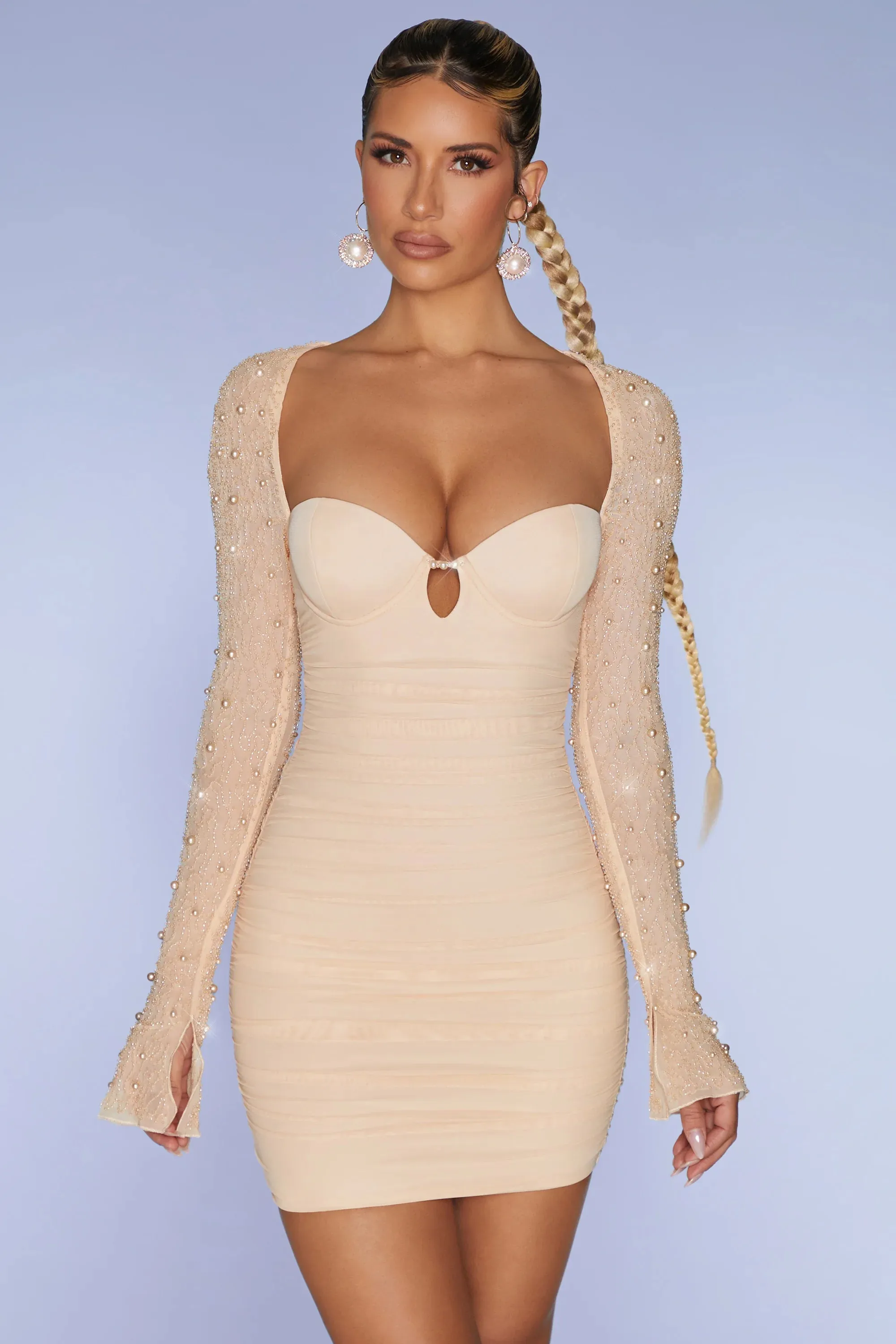 Embellished Long Sleeve Mini Dress in Sand