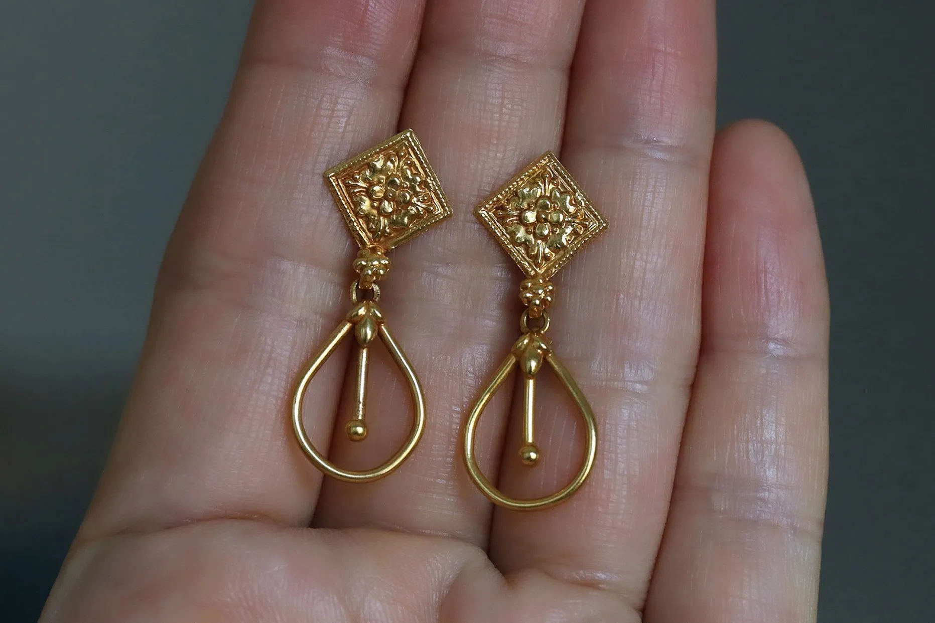 Embossed 22k Gold Drop Earrings