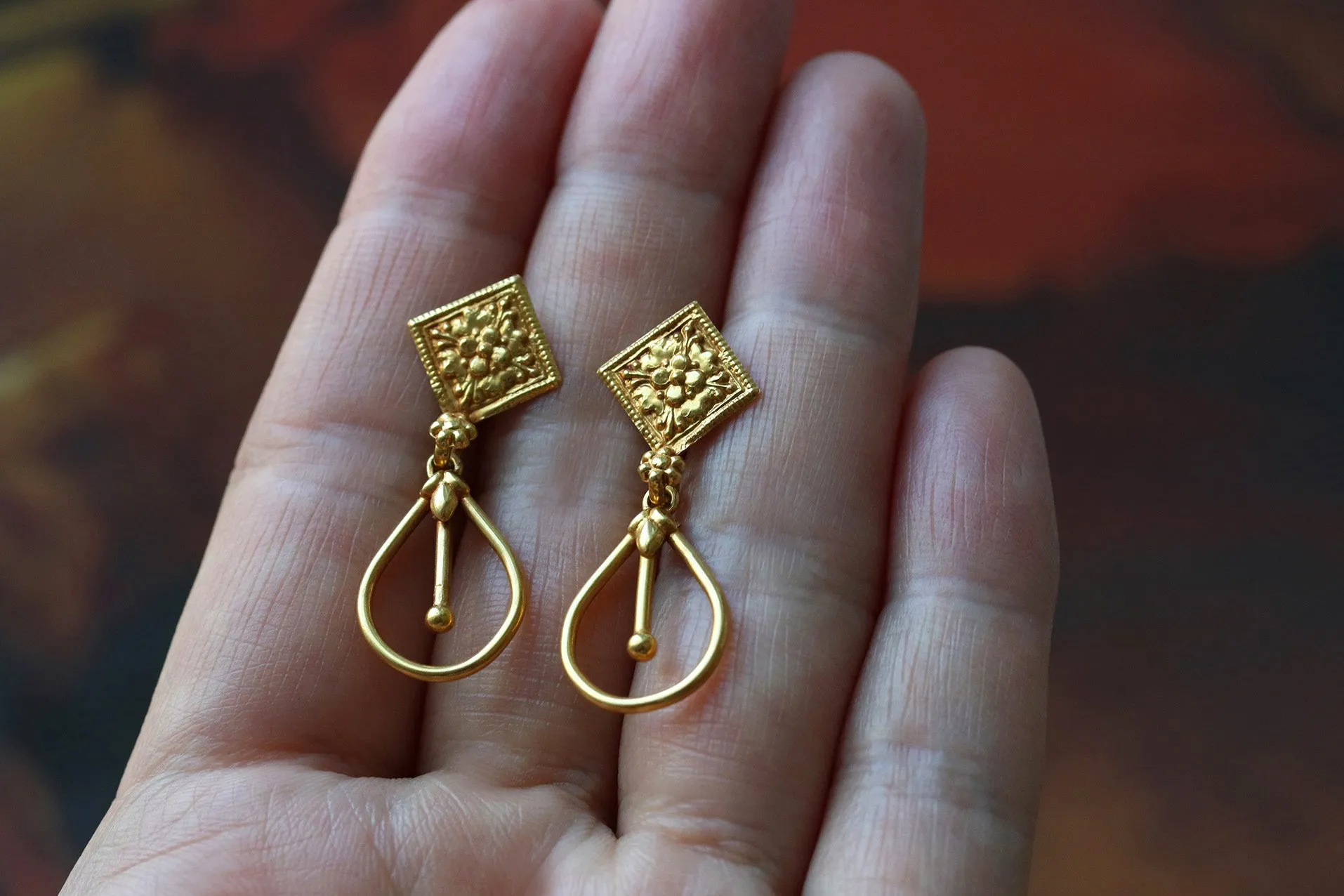 Embossed 22k Gold Drop Earrings