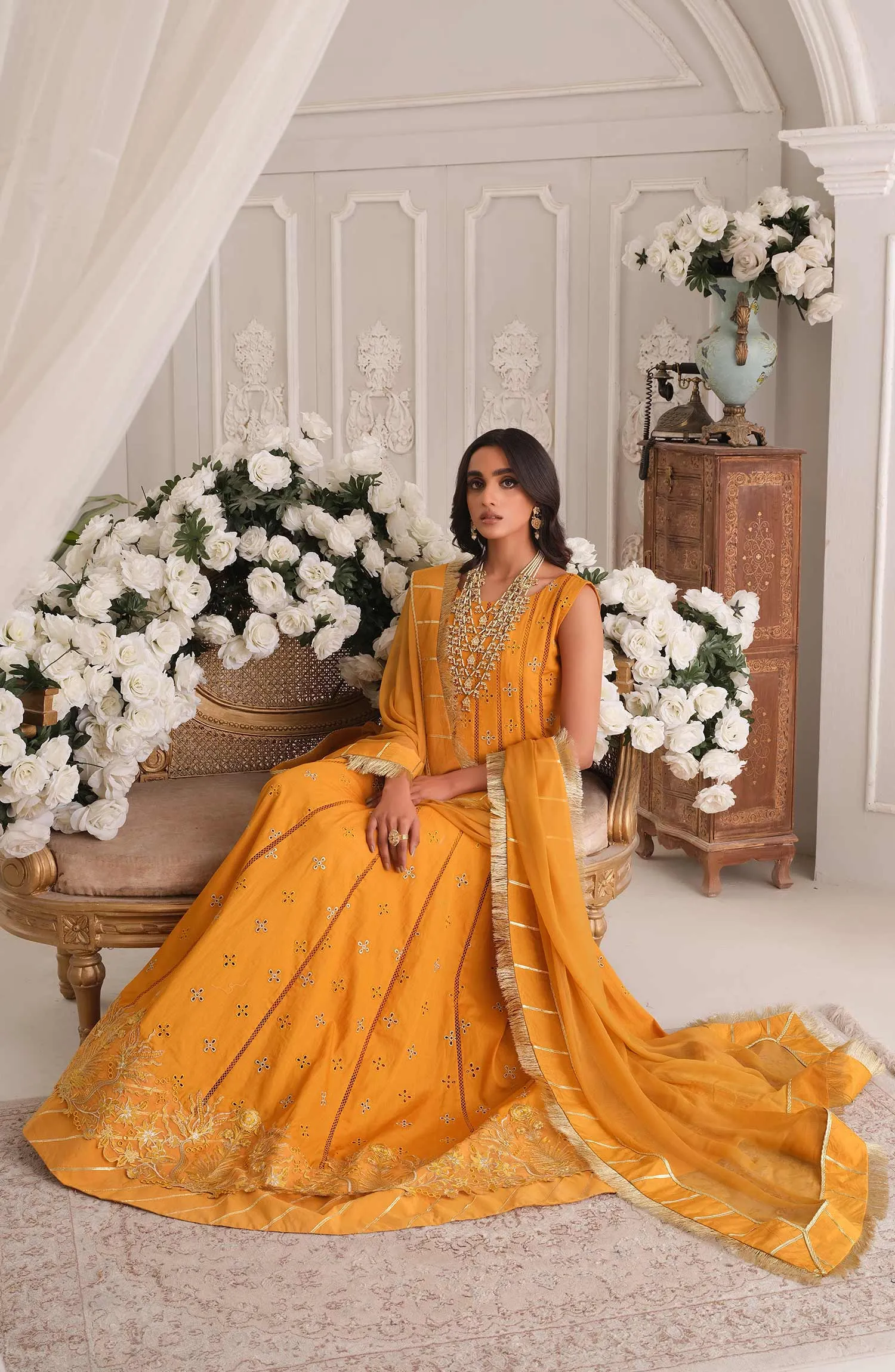 Embroidered Pakistani Maxi in Yellow Mustard Shade