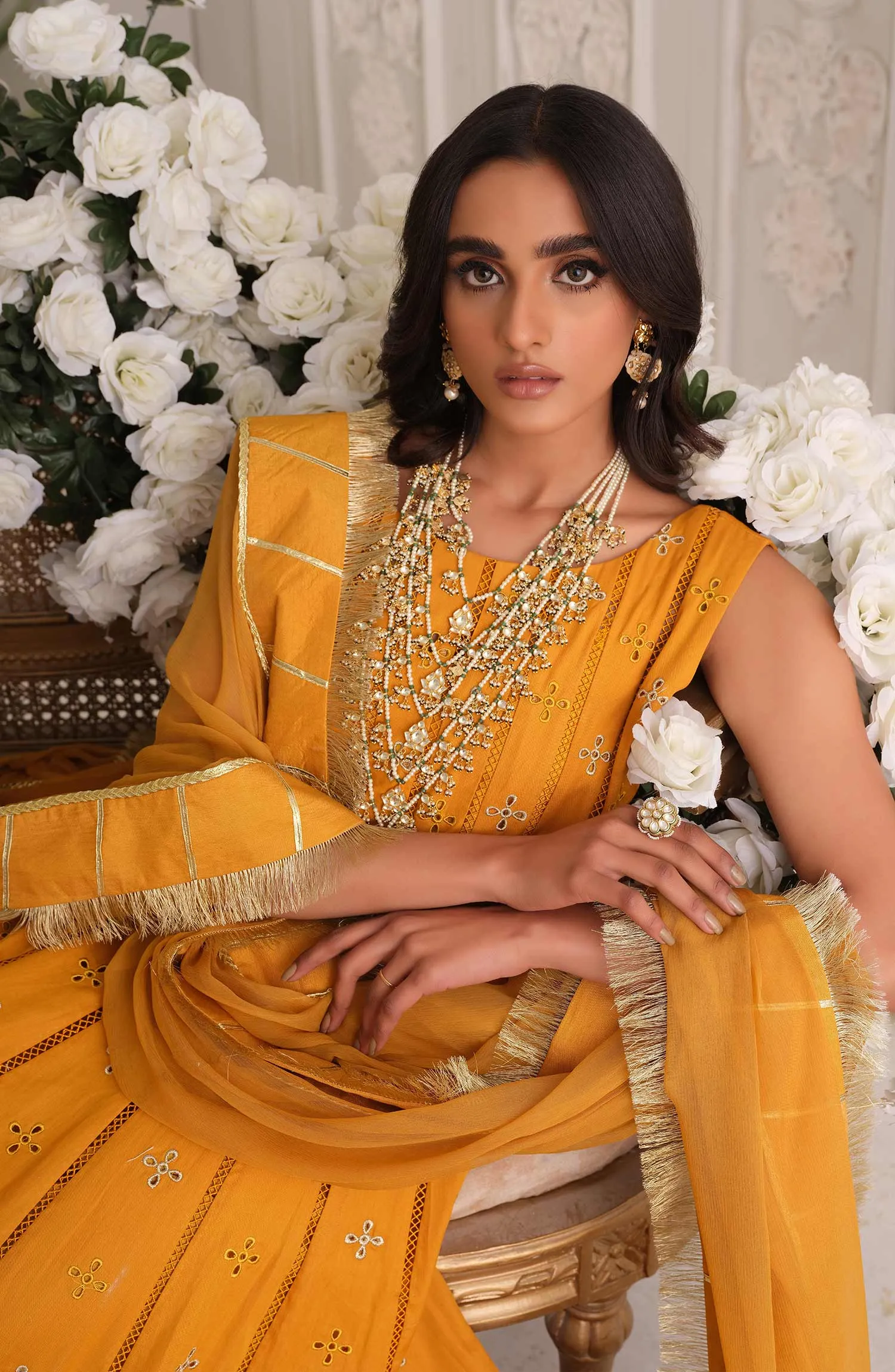 Embroidered Pakistani Maxi in Yellow Mustard Shade
