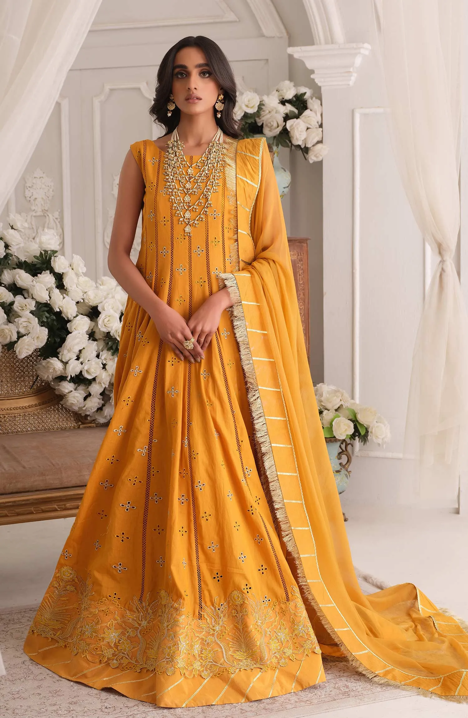 Embroidered Pakistani Maxi in Yellow Mustard Shade