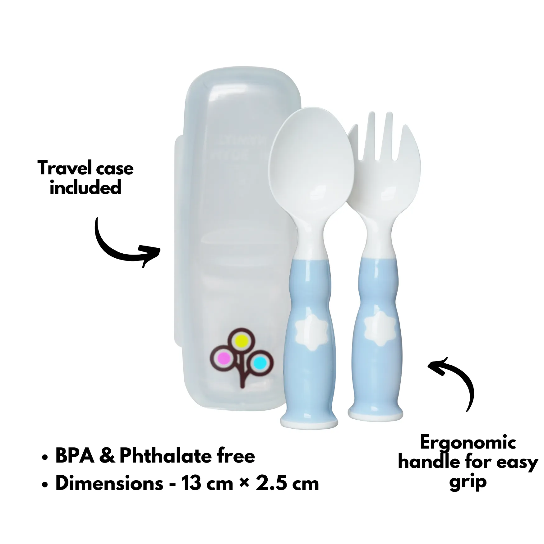 Ergonomic Fork & Spoon Set with Travel Case- Mist Blue
