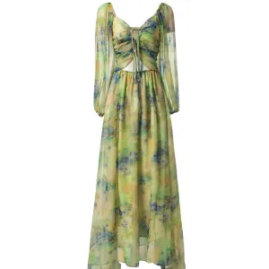 Estrella  Square Collar Lantern Sleeve Lace-up Print Maxi Dress