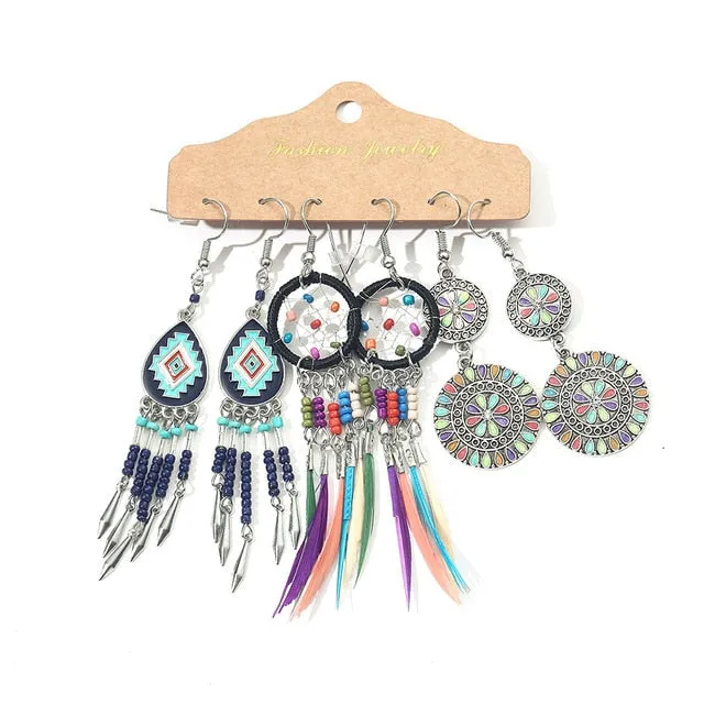 Ethnic Sundry Color Feather Tassel Earrings