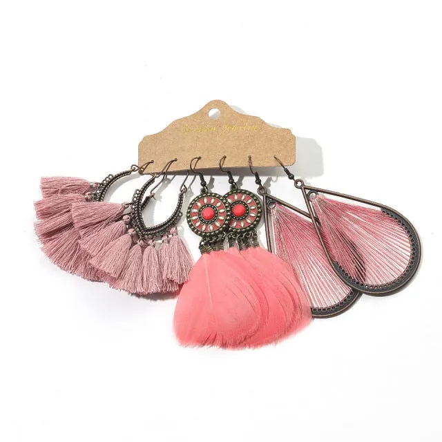 Ethnic Sundry Color Feather Tassel Earrings