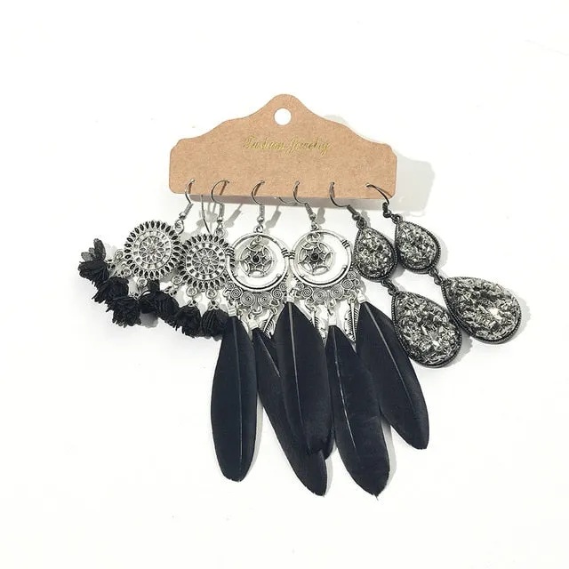 Ethnic Sundry Color Feather Tassel Earrings