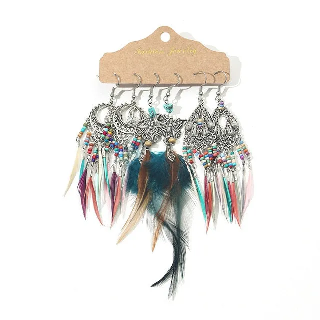 Ethnic Sundry Color Feather Tassel Earrings